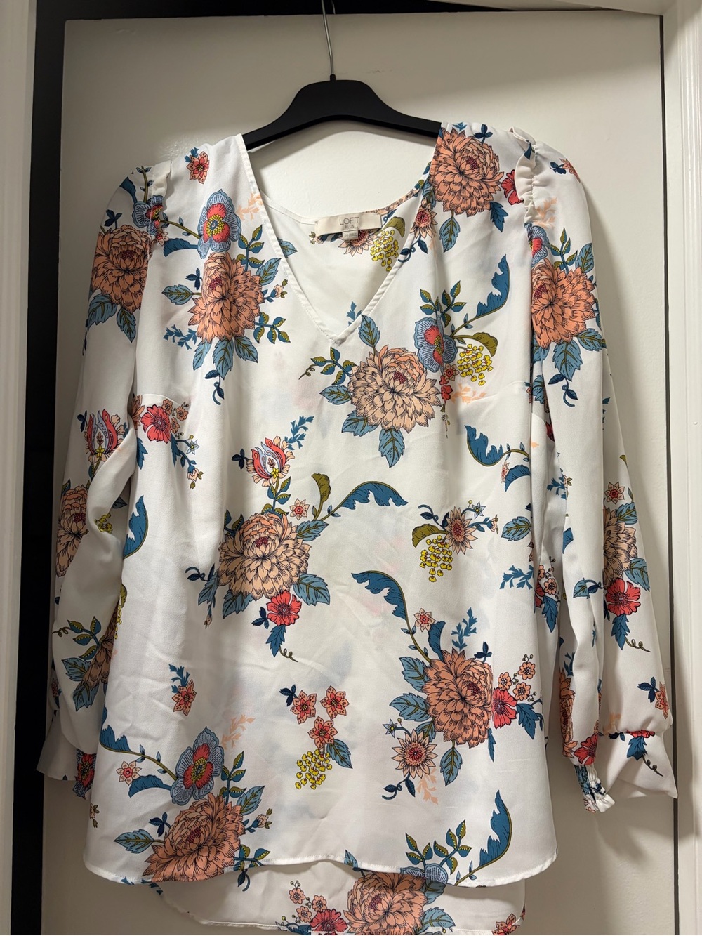LOFT White Floral V-Neck Blouse with Blue and Peach Blooms
